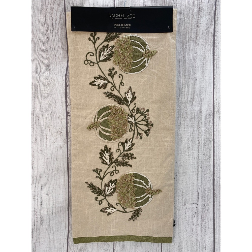 Rachel Zoe Table Runner 16x72 Beige Green Embroidered Pumpkin Farmhouse Autumn